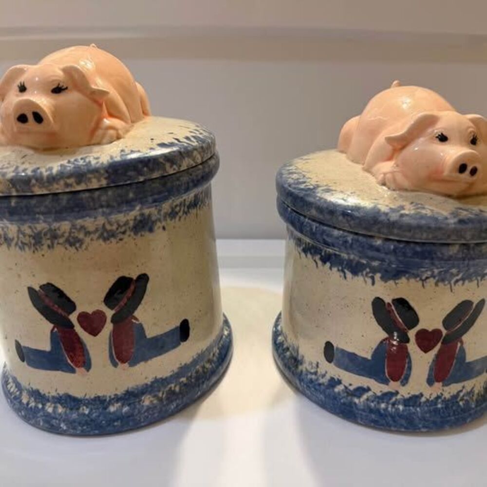 Vintage Country Pig Ceramic Canister Set (2) - Blue Sponge Stoneware Style